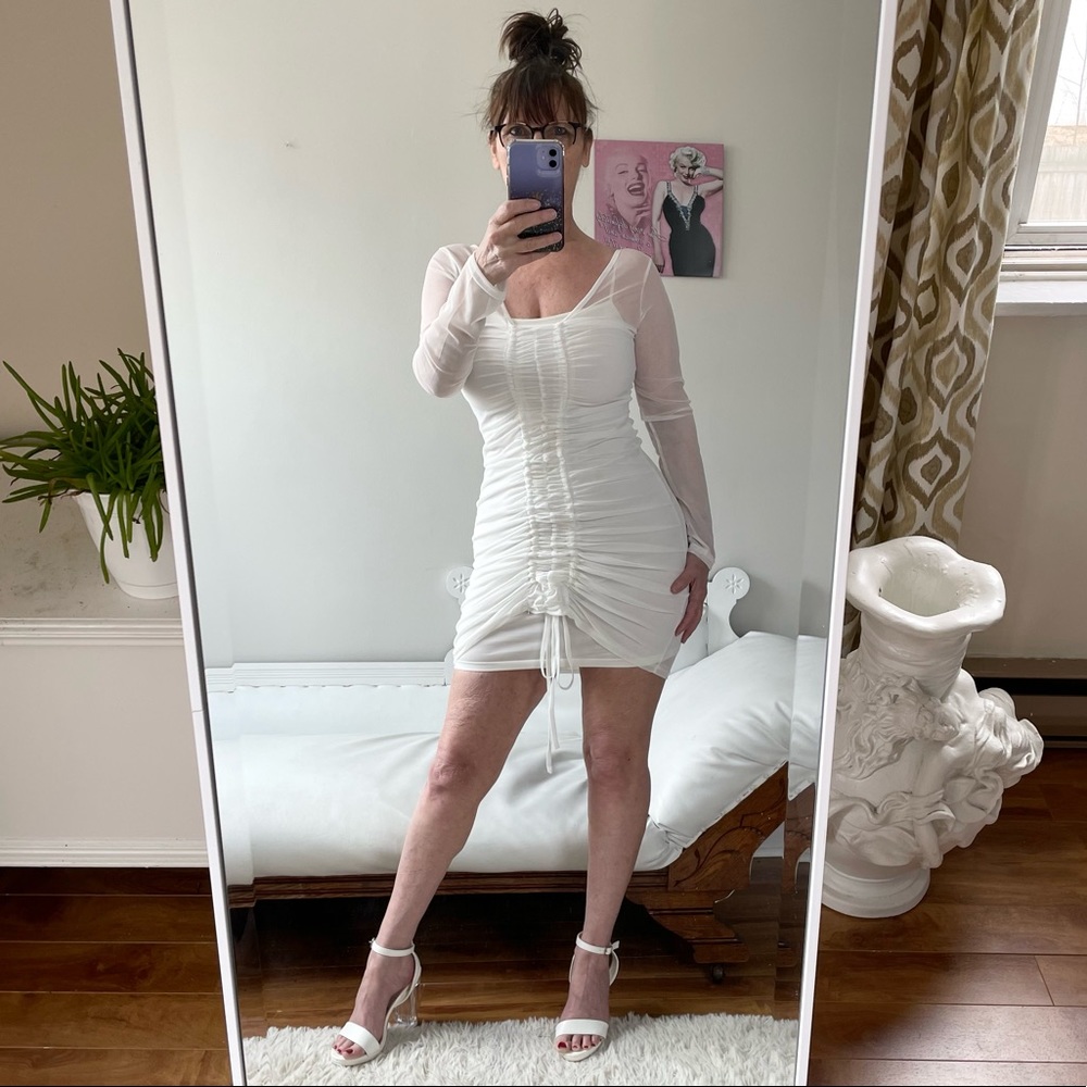 NEW IVORY LONG SLEEVE SHEER DRESS DRAWSTRING RUCHING SQUARE NECK STRETCH